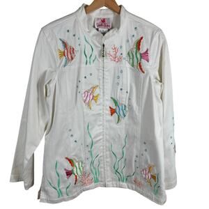 Quacker Factory Fish Women's Medium Embroidered Embellished Full Zip Coat Jacket